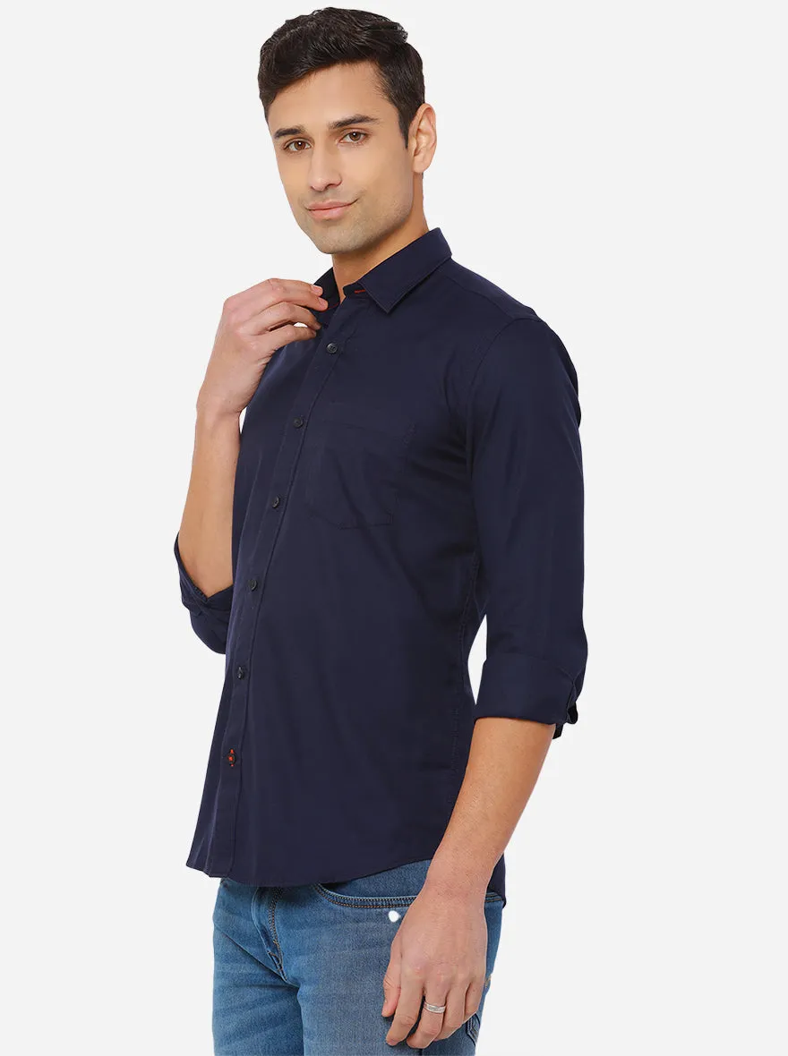 Navy Blue Solid Slim Fit Semi Casual Shirt | JadeBlue