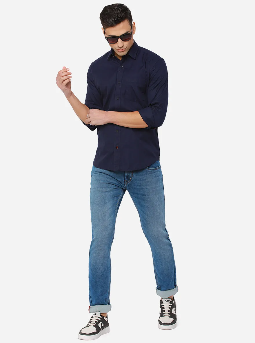 Navy Blue Solid Slim Fit Semi Casual Shirt | JadeBlue