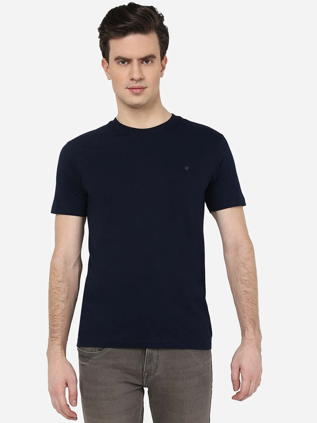 Navy Blue Solid Slim Fit T-Shirt | Greenfibre