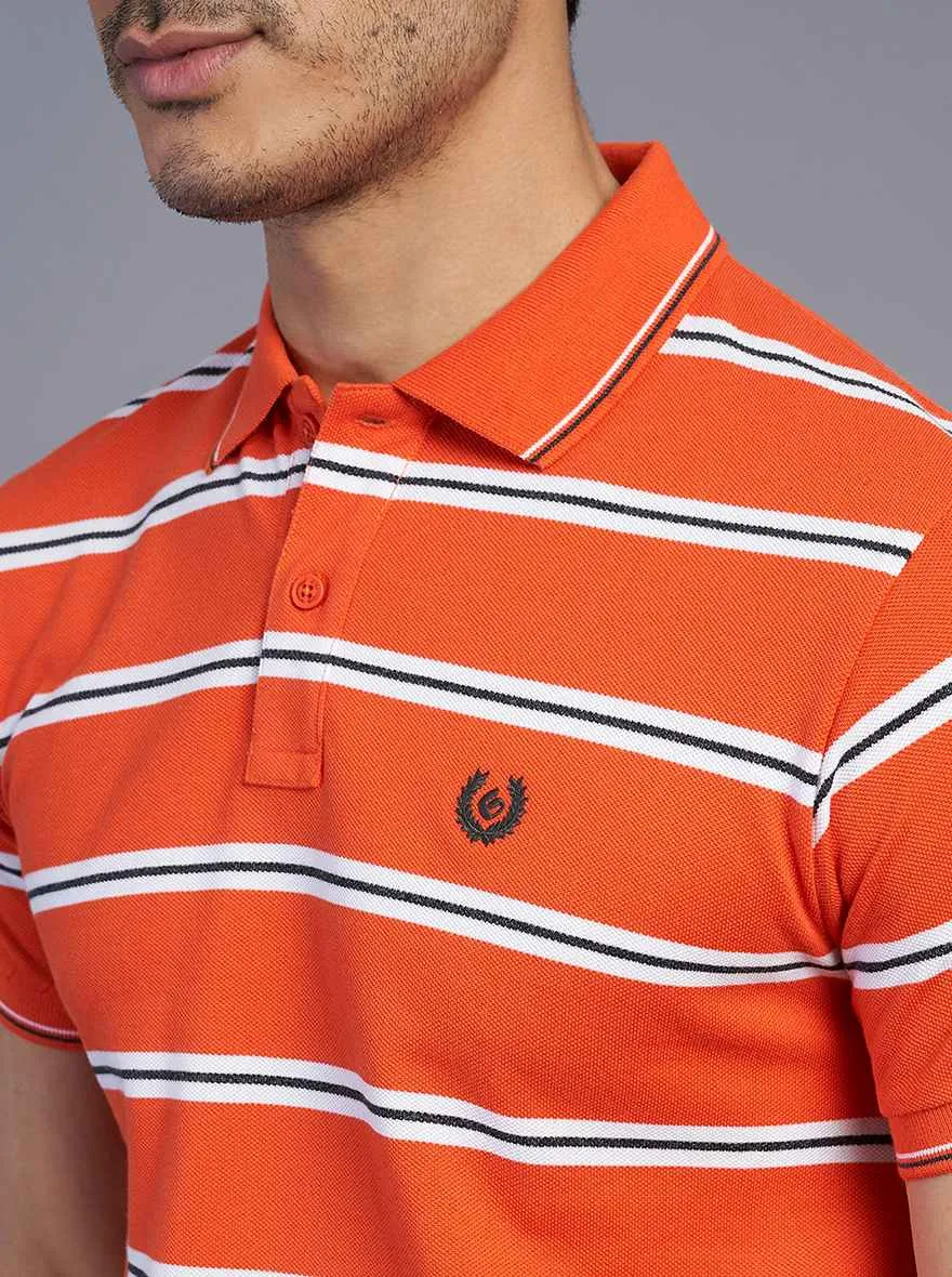 Orange Striped Slim Fit Polo T-Shirt | Greenfibre