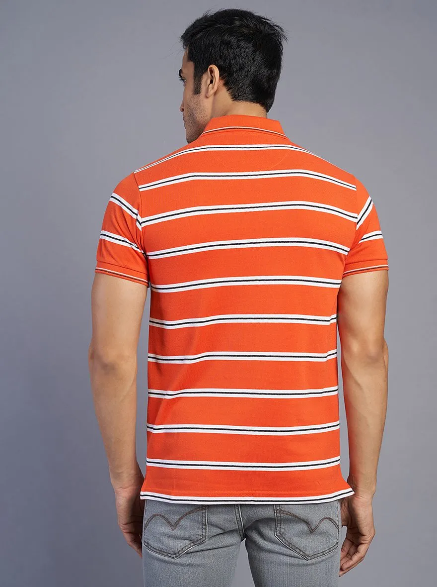 Orange Striped Slim Fit Polo T-Shirt | Greenfibre