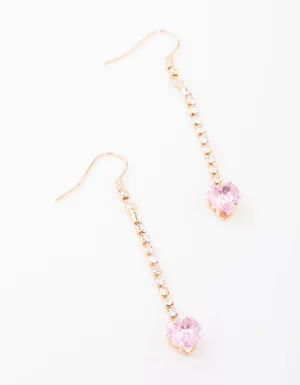 Pink Diamante Heart Cupchain Drop Earrings