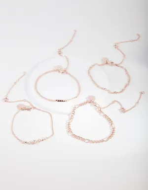 Rose Gold Diamante Chain Mixed Anklet & Bracelet 4-Pack Set