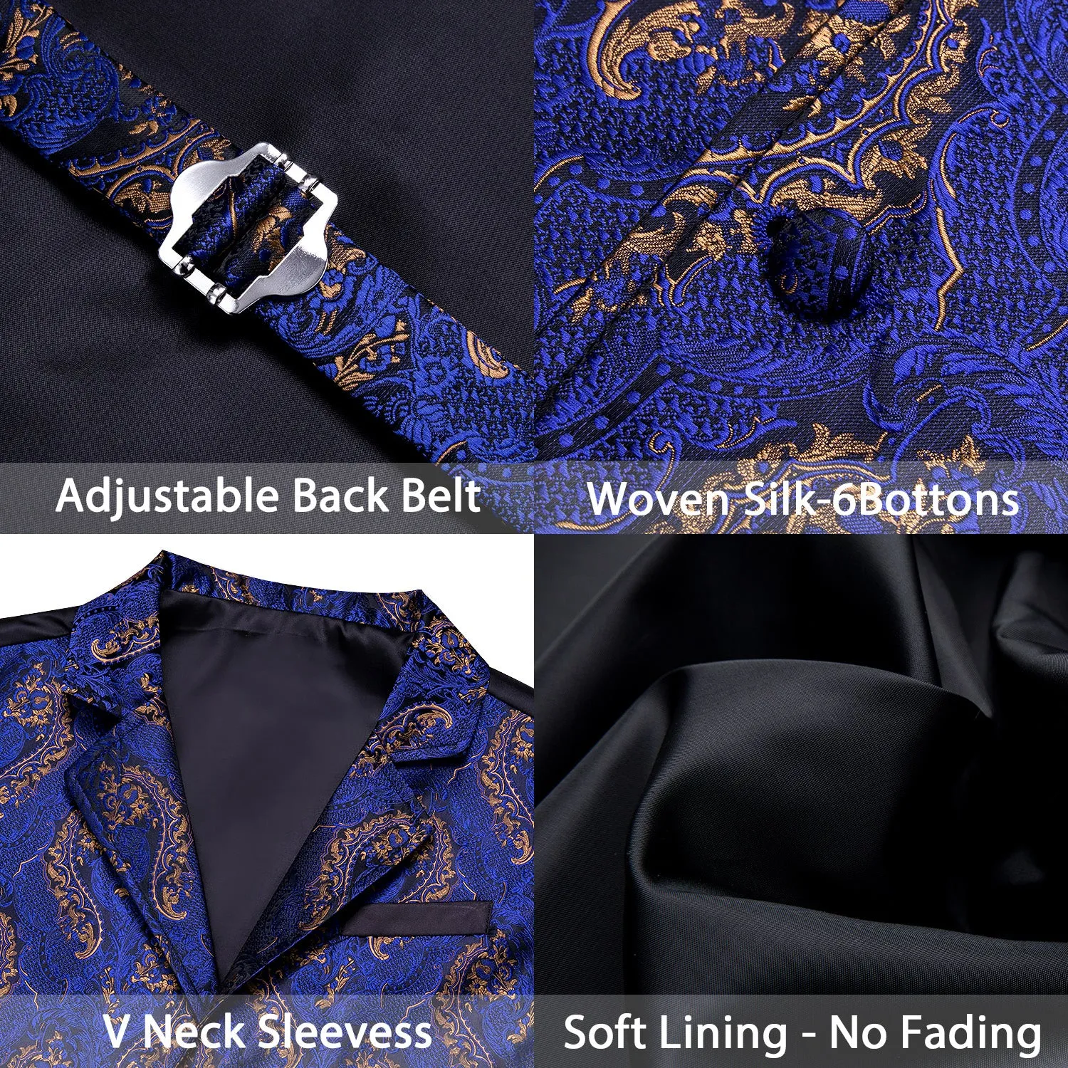 Royal Blue Paisley Jacquard Men's Collar Victorian Suit Vest Tie Hanky Cufflinks Set