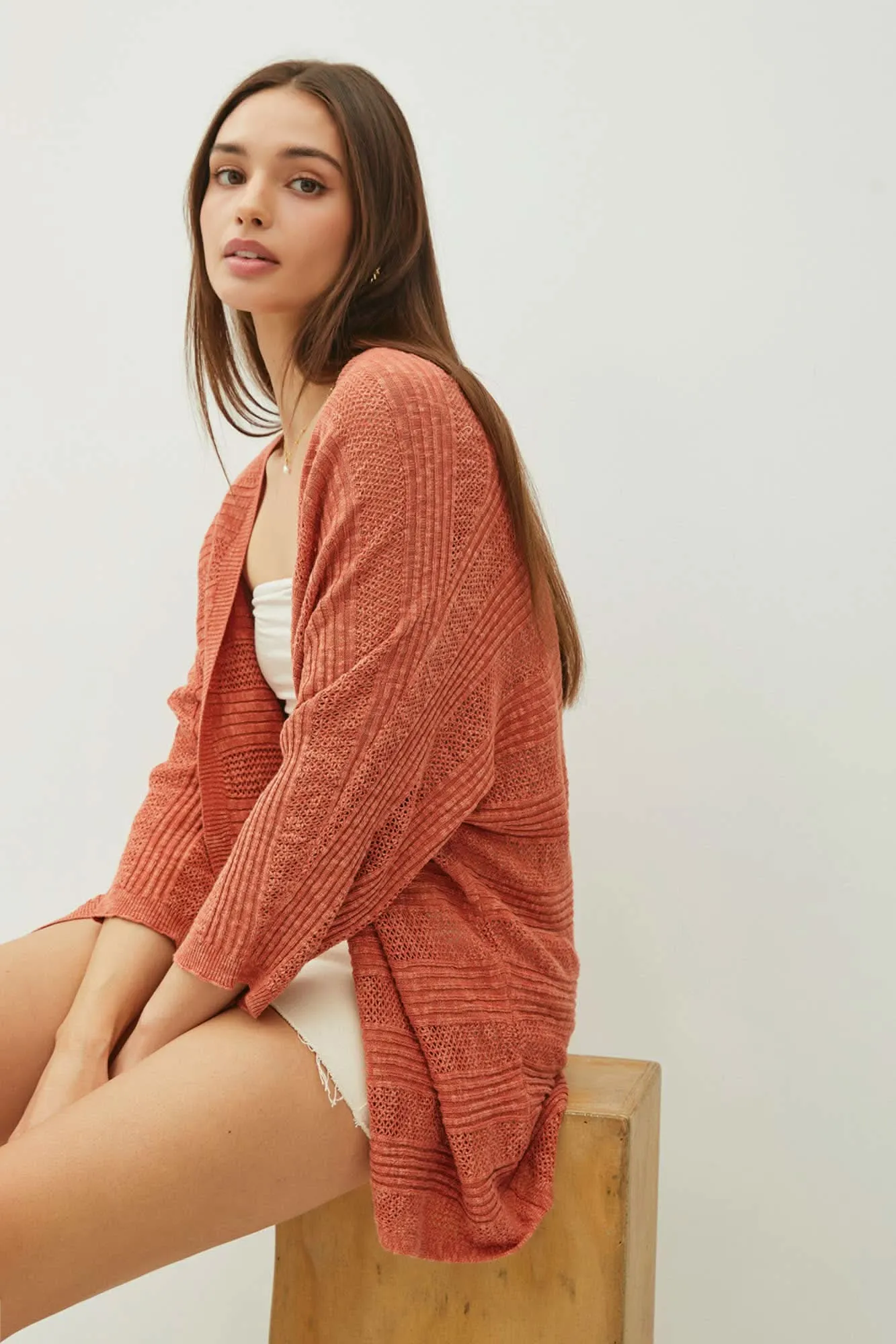 Rust Knit Striped Open Cardigan