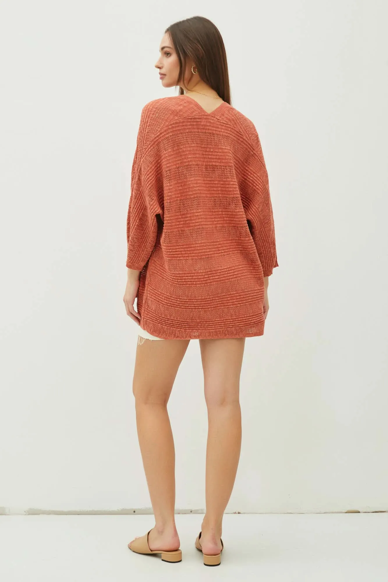 Rust Knit Striped Open Cardigan