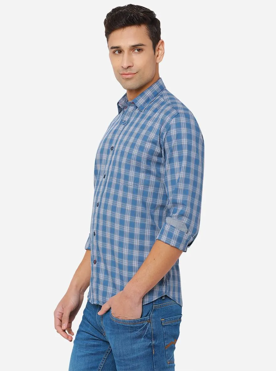 Shadow Blue Checked Slim Fit Casual Shirt | JadeBlue