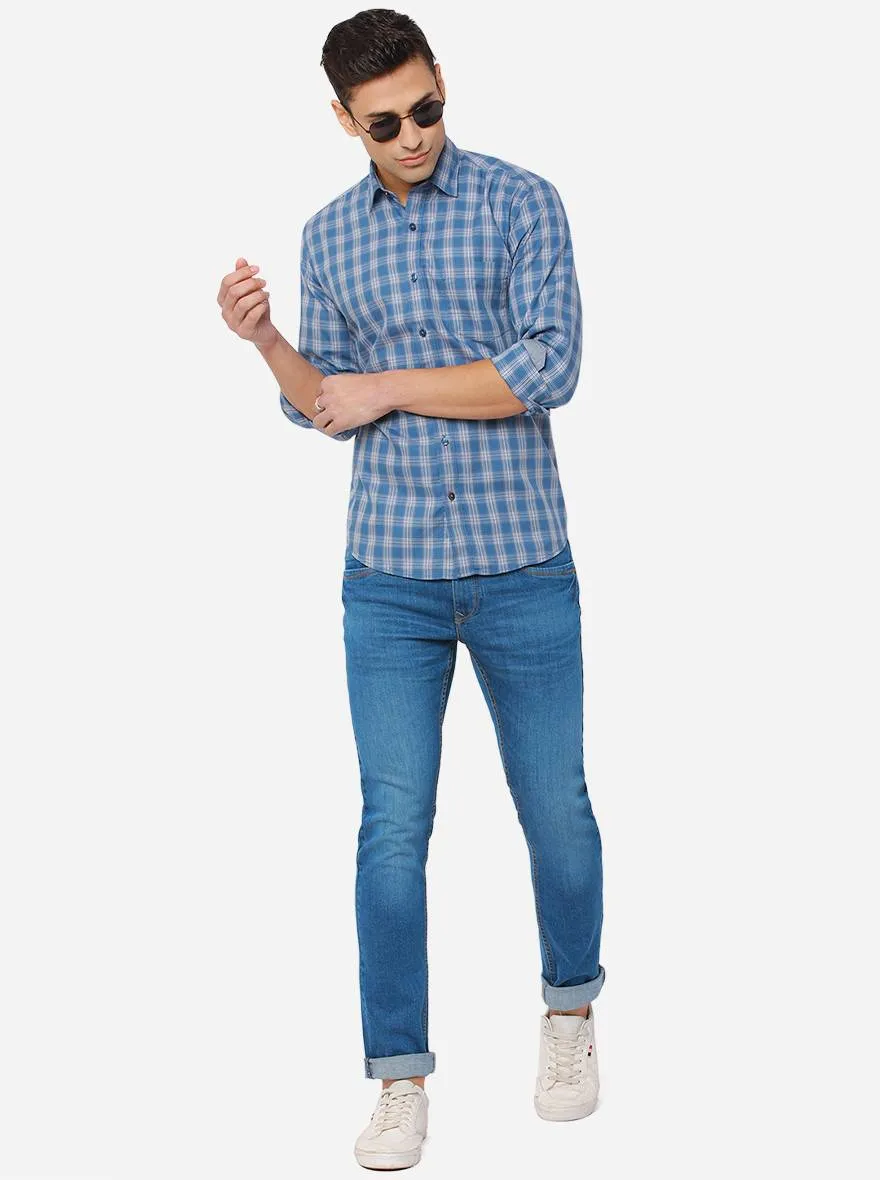 Shadow Blue Checked Slim Fit Casual Shirt | JadeBlue