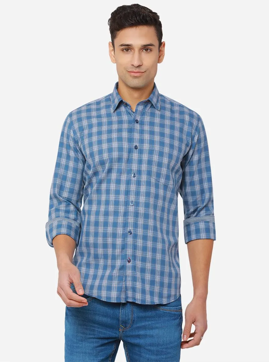 Shadow Blue Checked Slim Fit Casual Shirt | JadeBlue