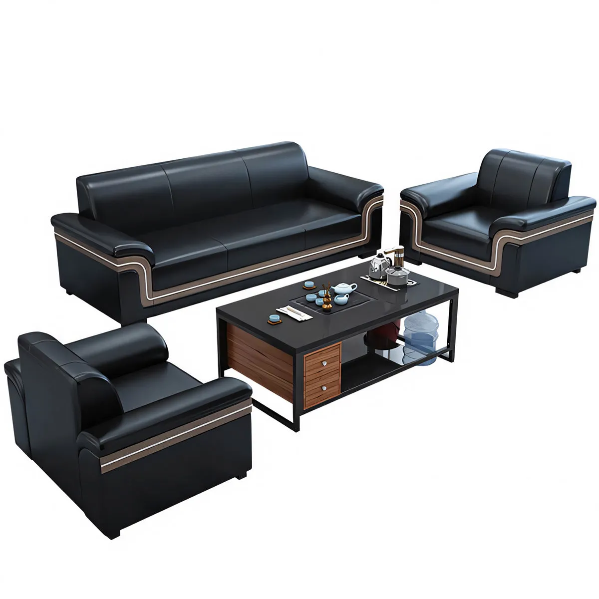 Simple Business Guest Three Seater Sofa in Black Genuine Leather