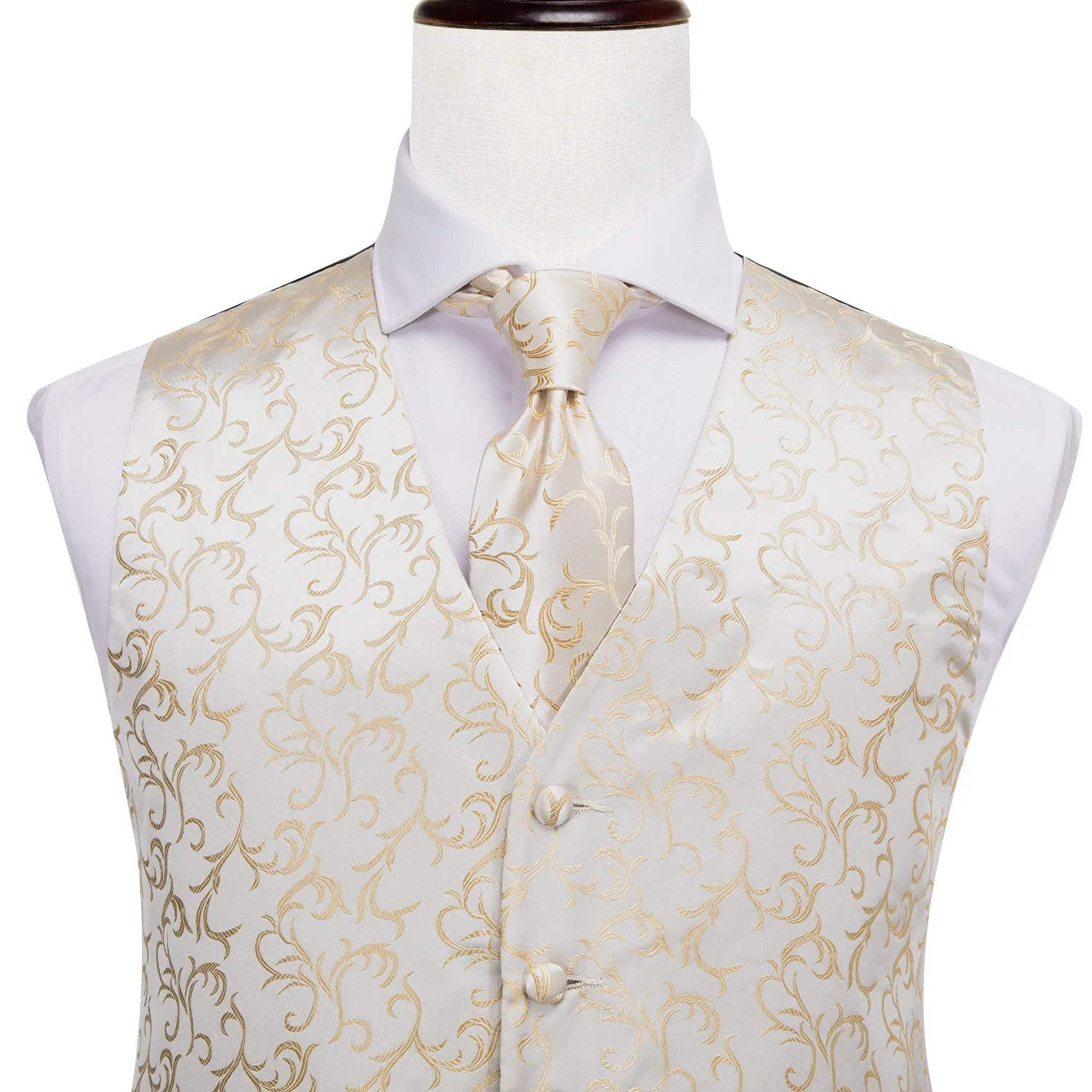 Simple Champagne Floral Men's Vest Tie Hanky Cufflinks Set Waistcoat Suit Set