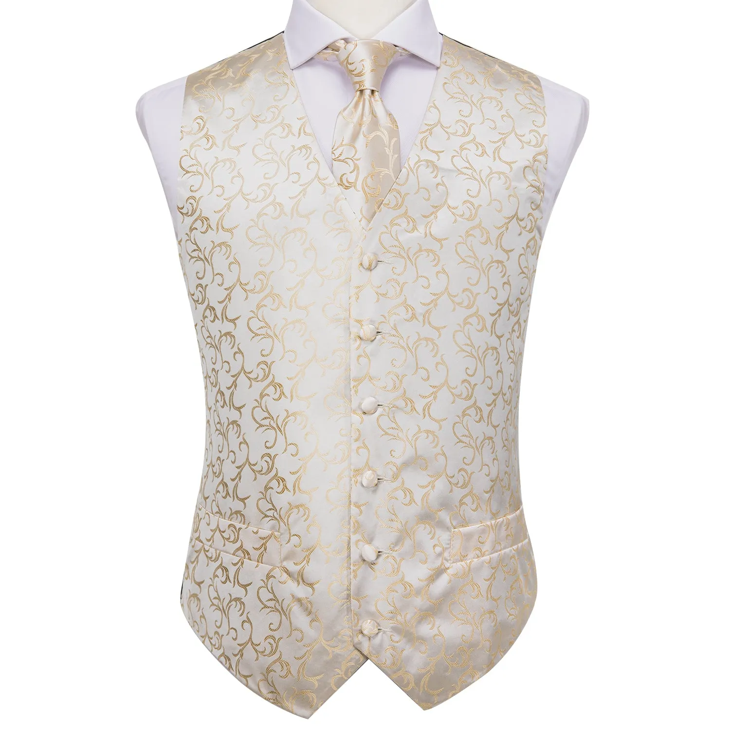 Simple Champagne Floral Men's Vest Tie Hanky Cufflinks Set Waistcoat Suit Set