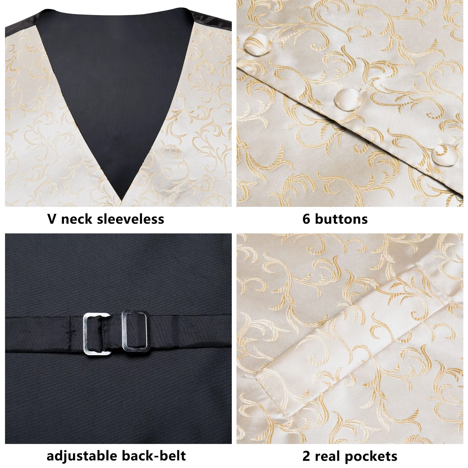 Simple Champagne Floral Men's Vest Tie Hanky Cufflinks Set Waistcoat Suit Set