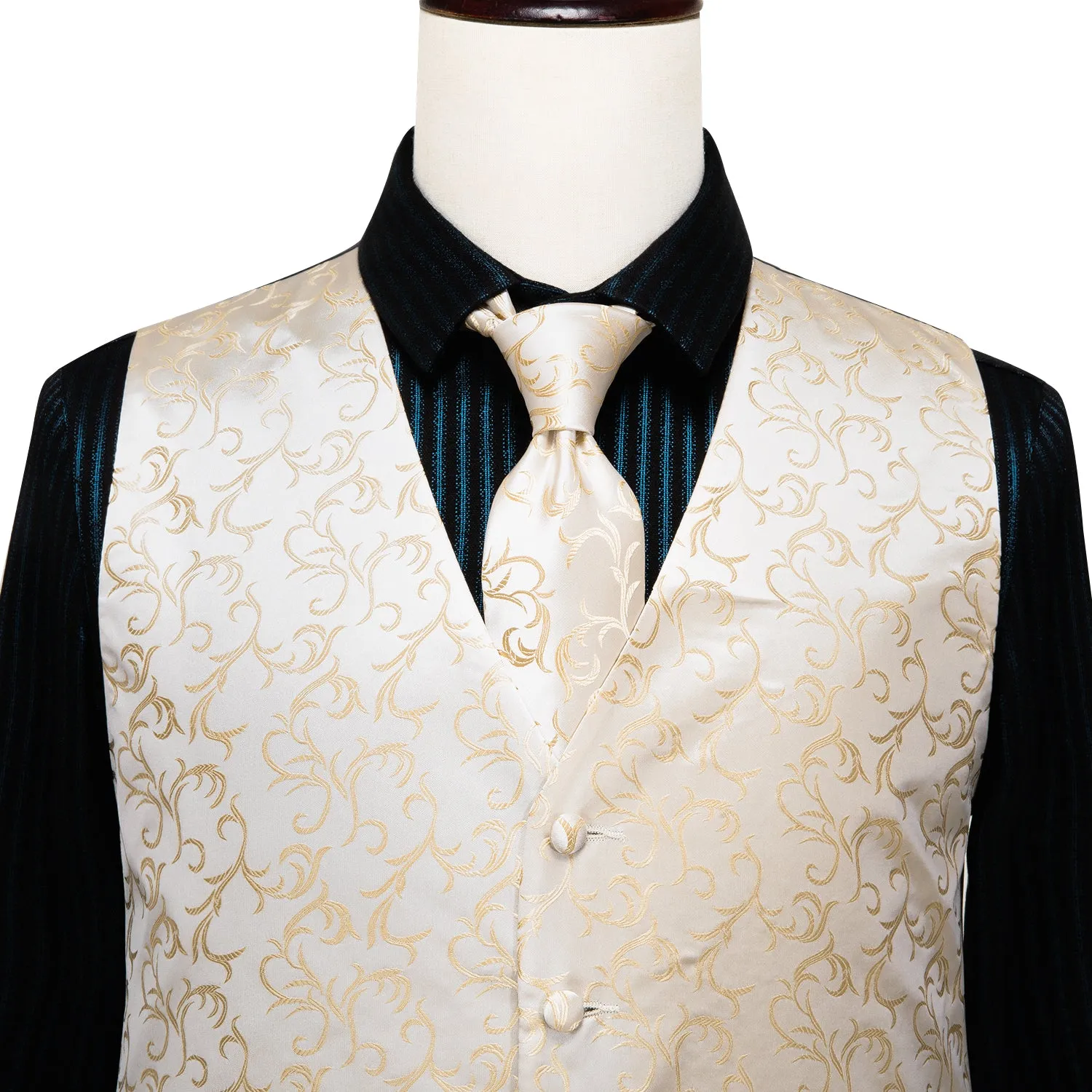 Simple Champagne Floral Men's Vest Tie Hanky Cufflinks Set Waistcoat Suit Set