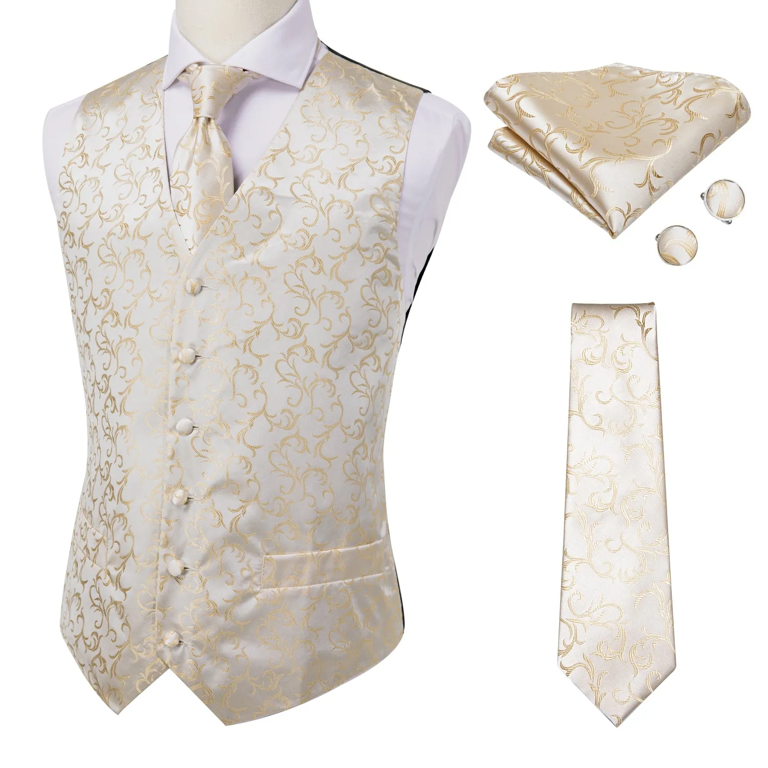 Simple Champagne Floral Men's Vest Tie Hanky Cufflinks Set Waistcoat Suit Set