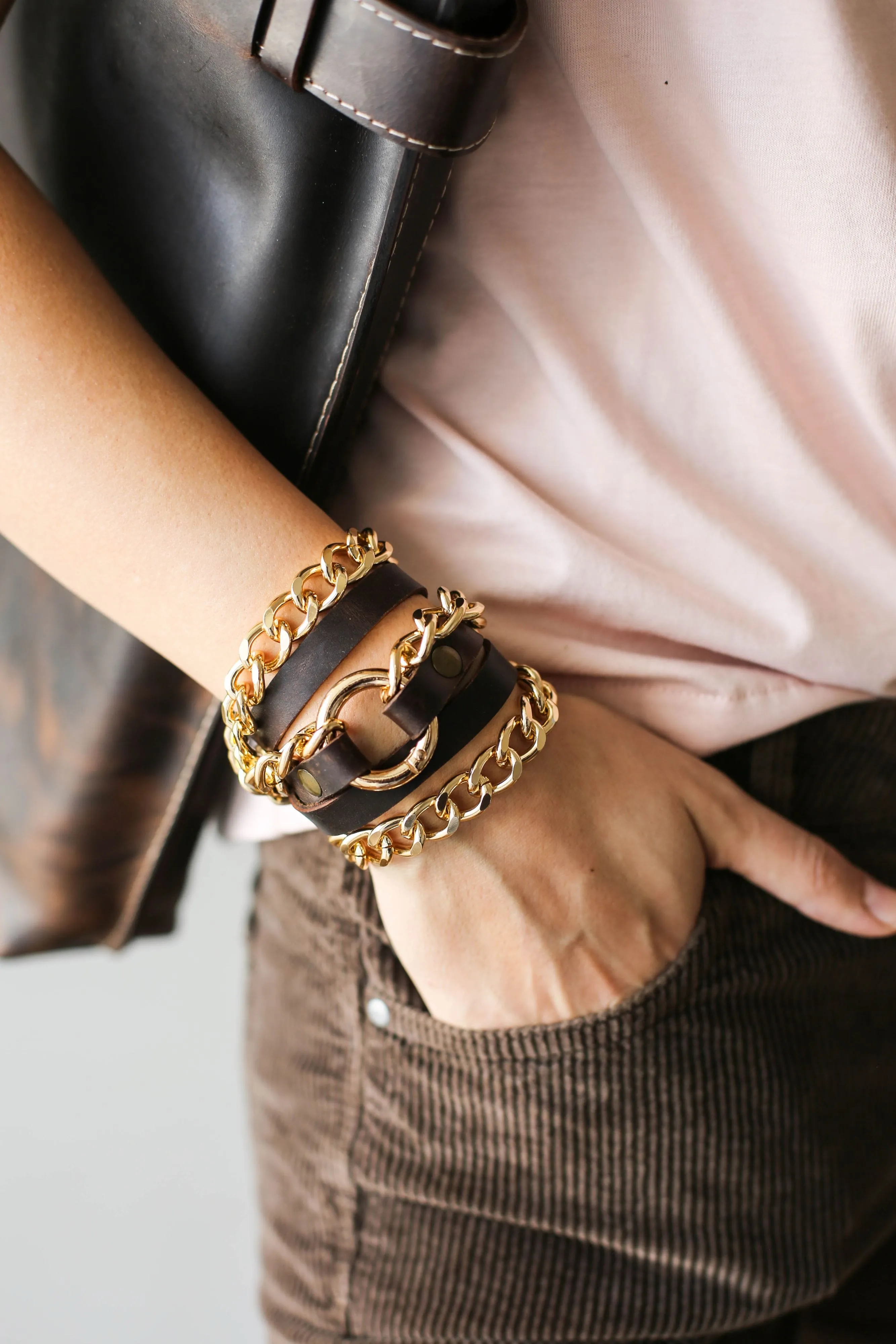 Small Ring Brown Leather Bracelet w/ Rose Gold Chain