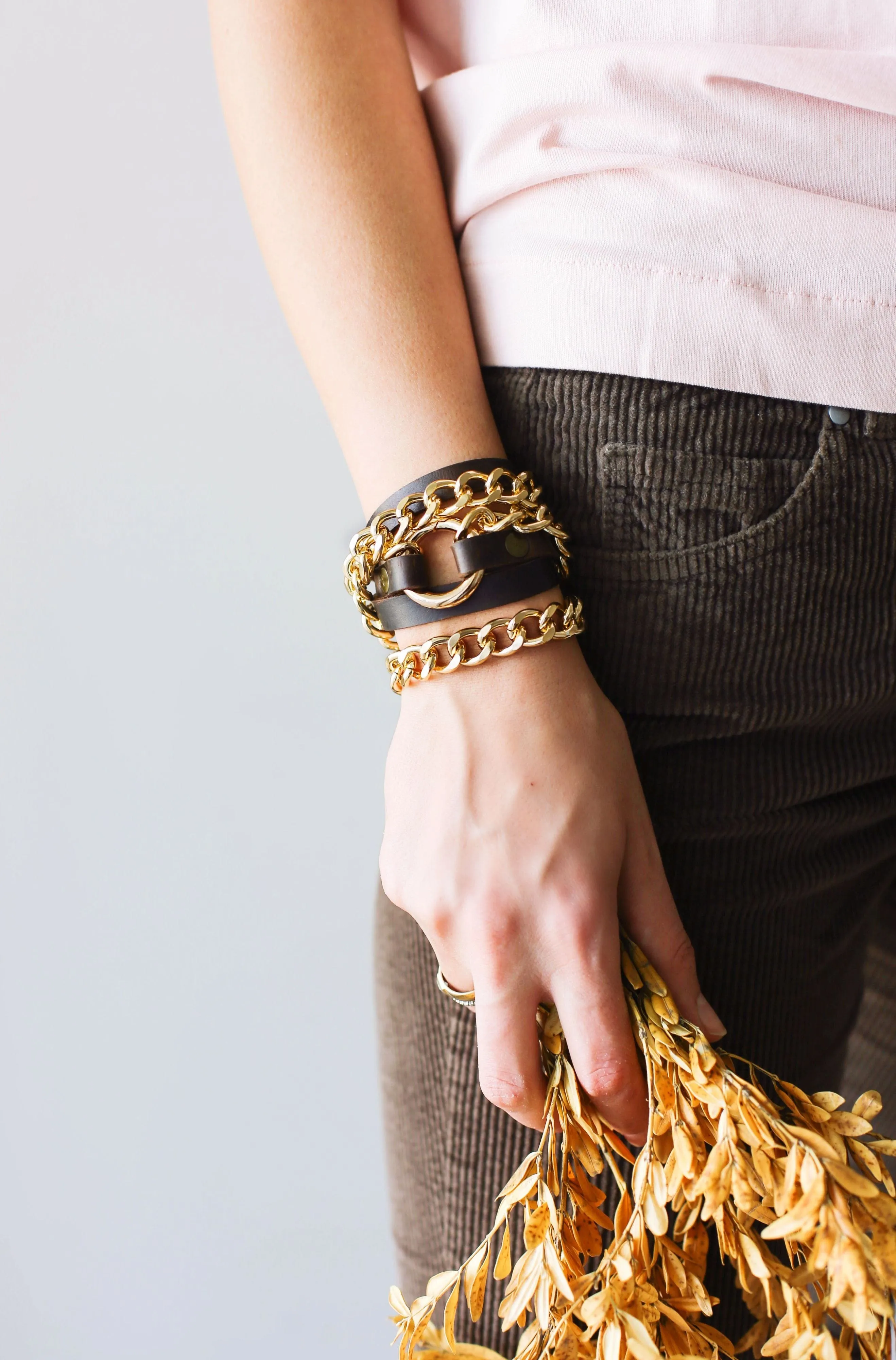 Small Ring Brown Leather Bracelet w/ Rose Gold Chain