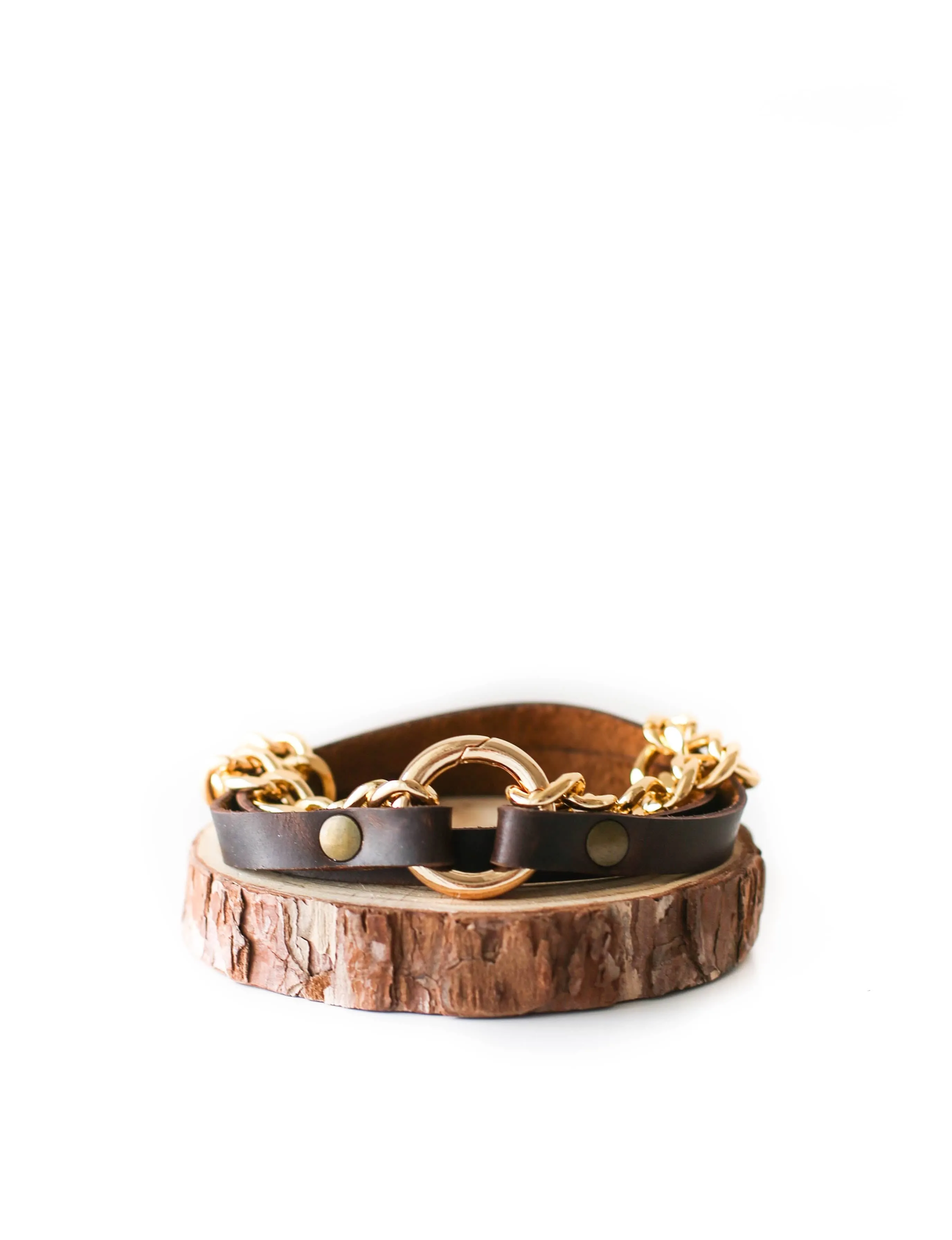 Small Ring Brown Leather Bracelet w/ Rose Gold Chain