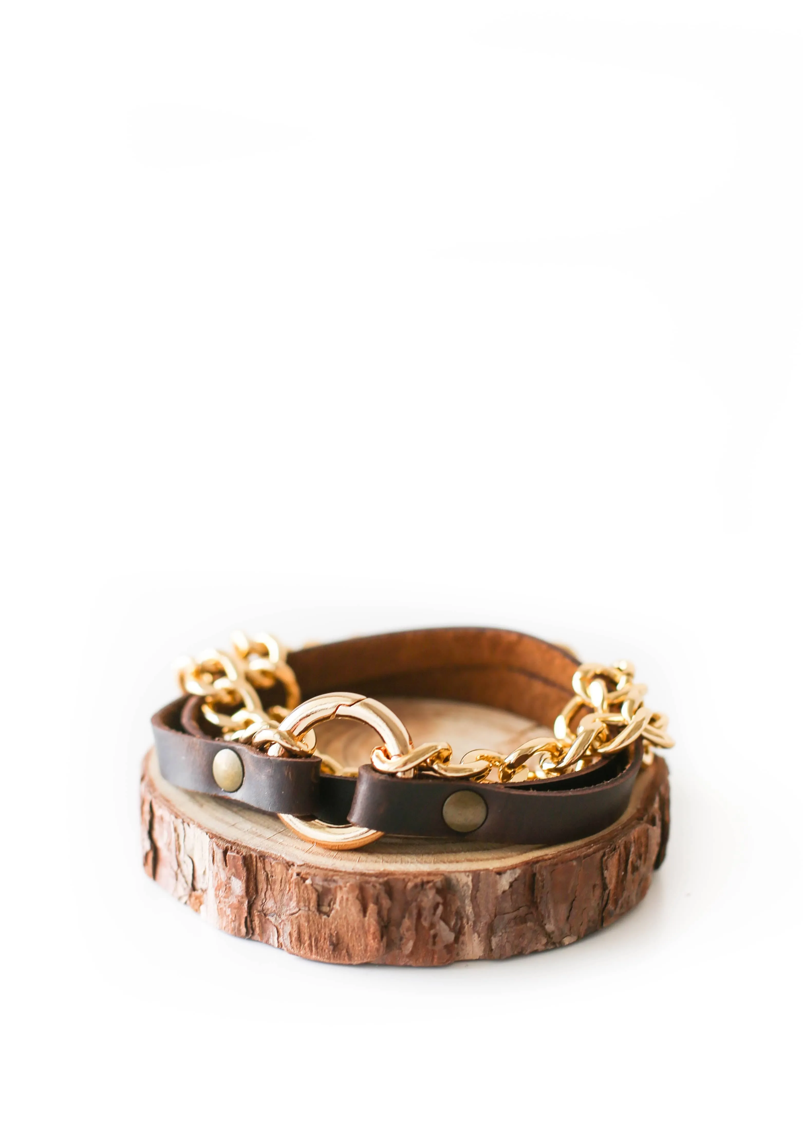 Small Ring Brown Leather Bracelet w/ Rose Gold Chain