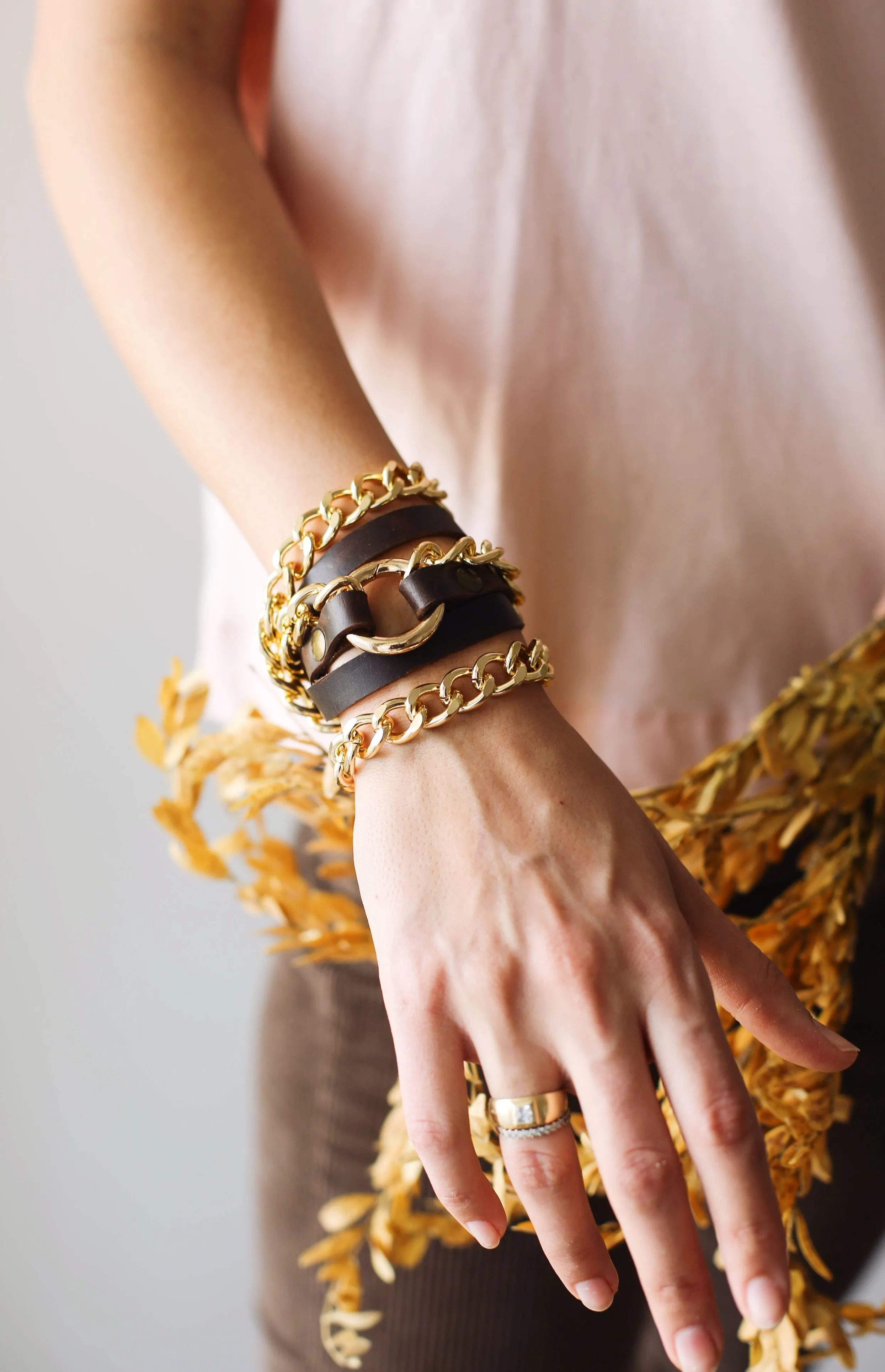 Small Ring Brown Leather Bracelet w/ Rose Gold Chain