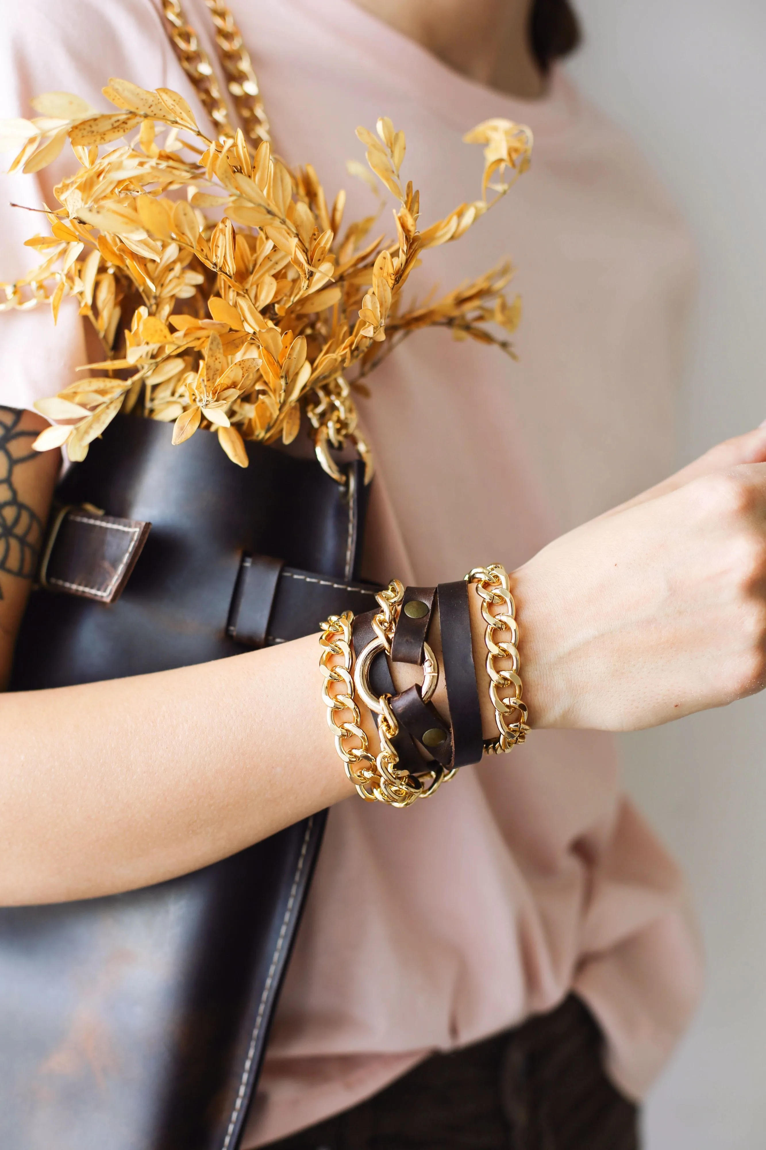 Small Ring Brown Leather Bracelet w/ Rose Gold Chain