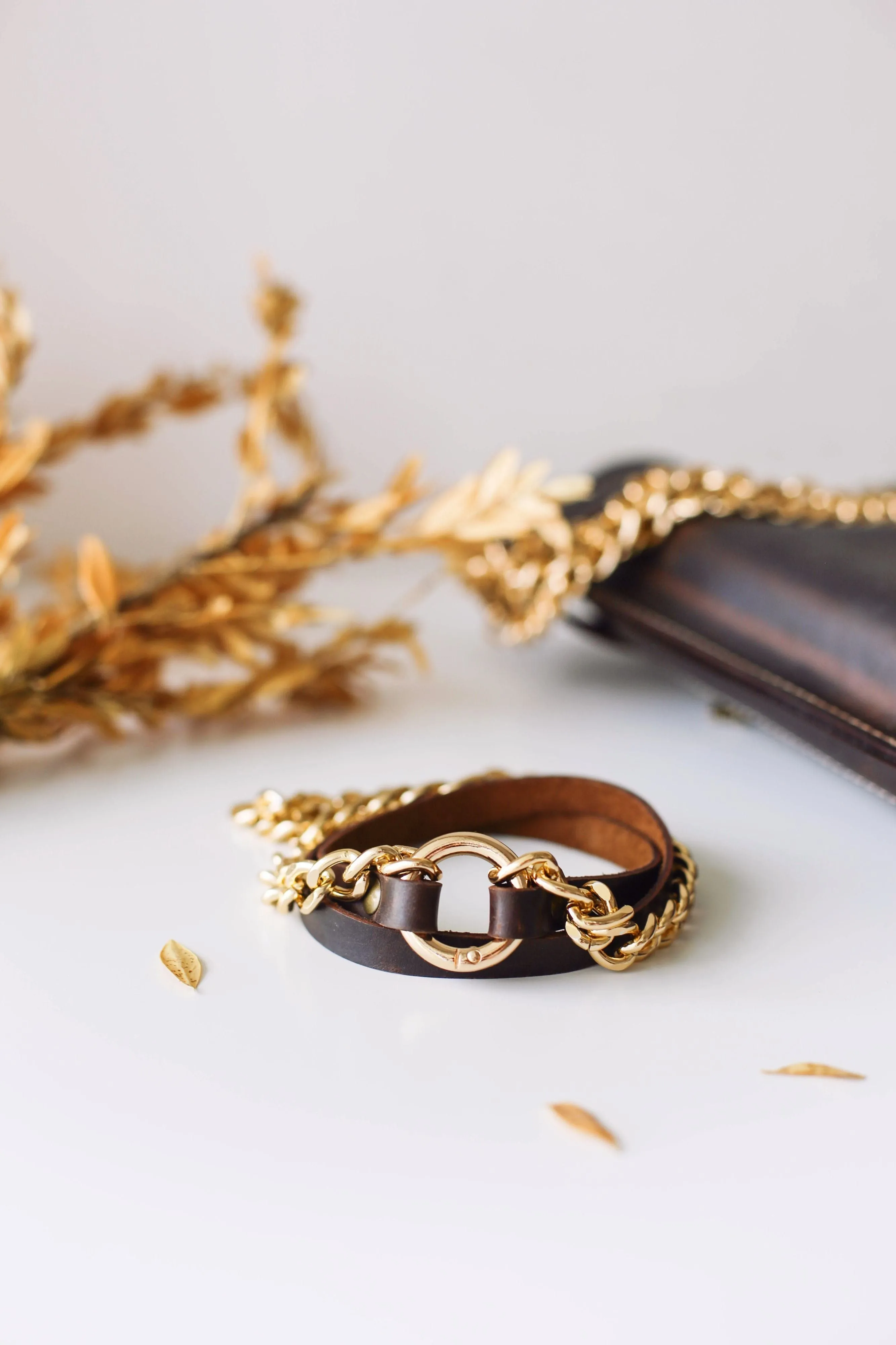 Small Ring Brown Leather Bracelet w/ Rose Gold Chain