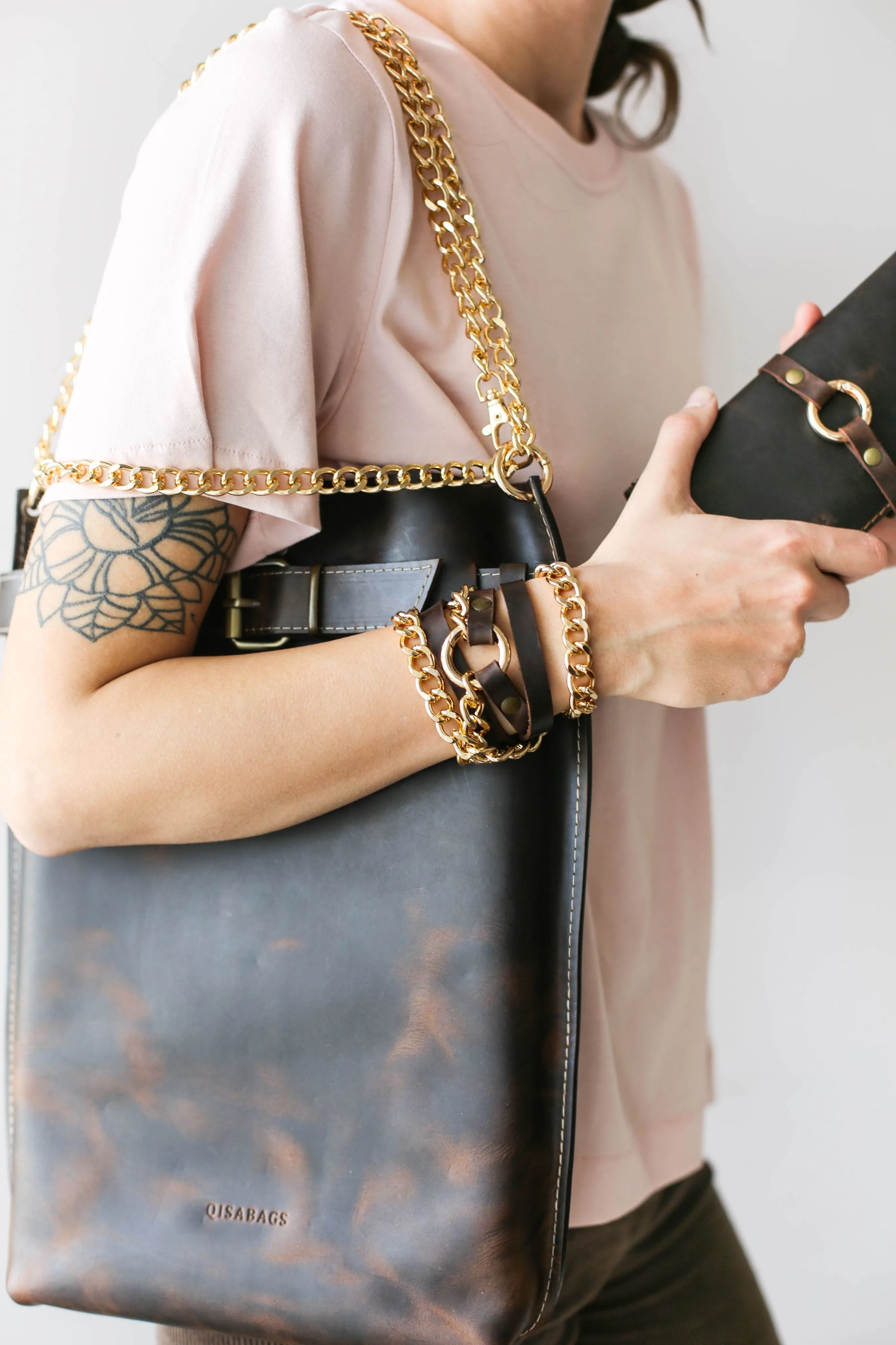 Small Ring Brown Leather Bracelet w/ Rose Gold Chain