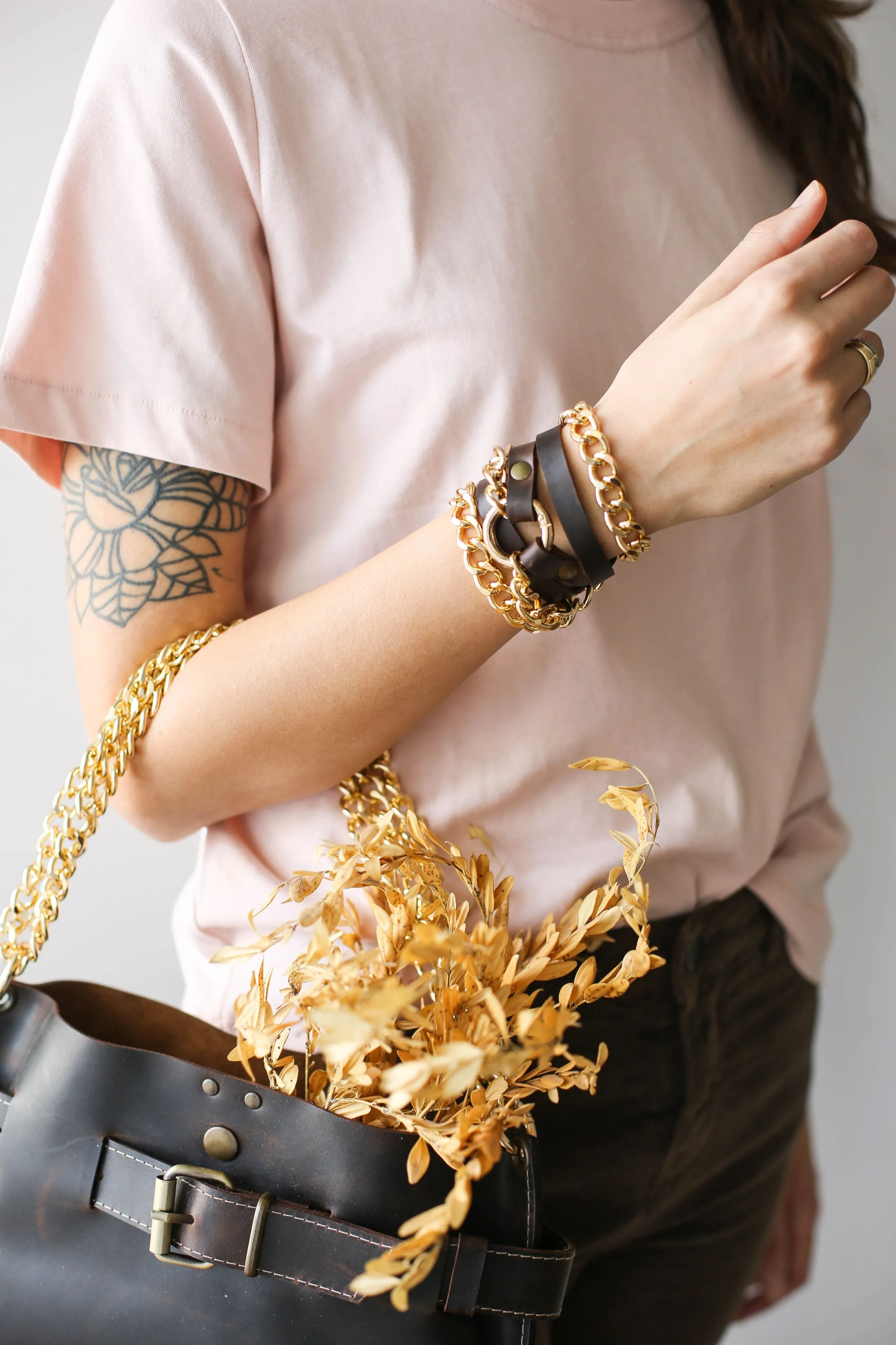 Small Ring Brown Leather Bracelet w/ Rose Gold Chain