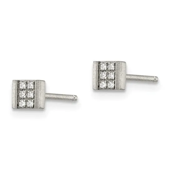 Stainless Steel CZ Square Post Earrings Brushed Finish