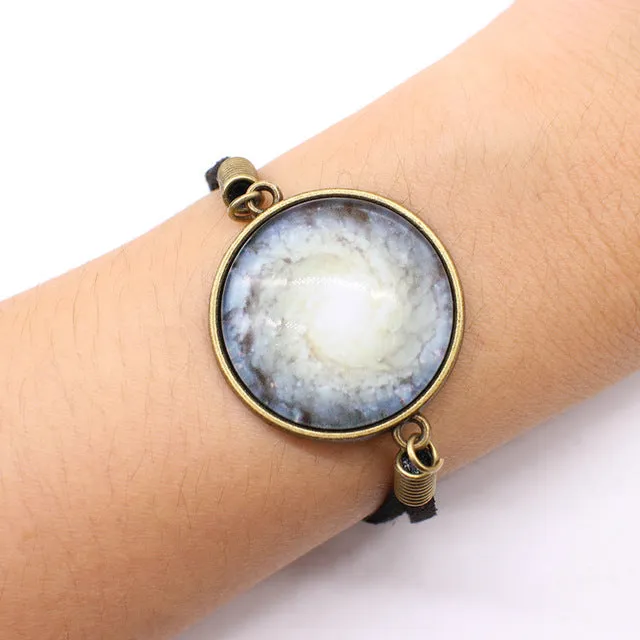 Star Leather charm Bracelet big Space Galaxy Cabochon rope chain Bracelet Pulseira Feminino round glass statement Jewelry unisex