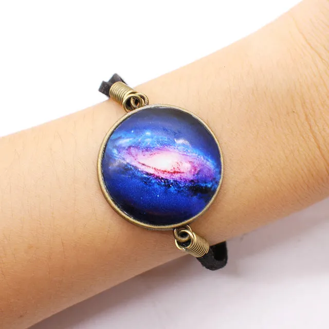 Star Leather charm Bracelet big Space Galaxy Cabochon rope chain Bracelet Pulseira Feminino round glass statement Jewelry unisex