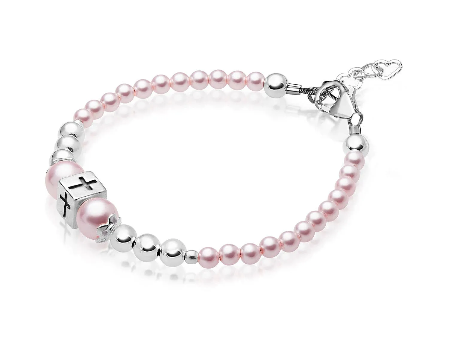 Sterling Silver Beads Box Cross Pink Pearl Bracelet for Girls - Baptism Gifts