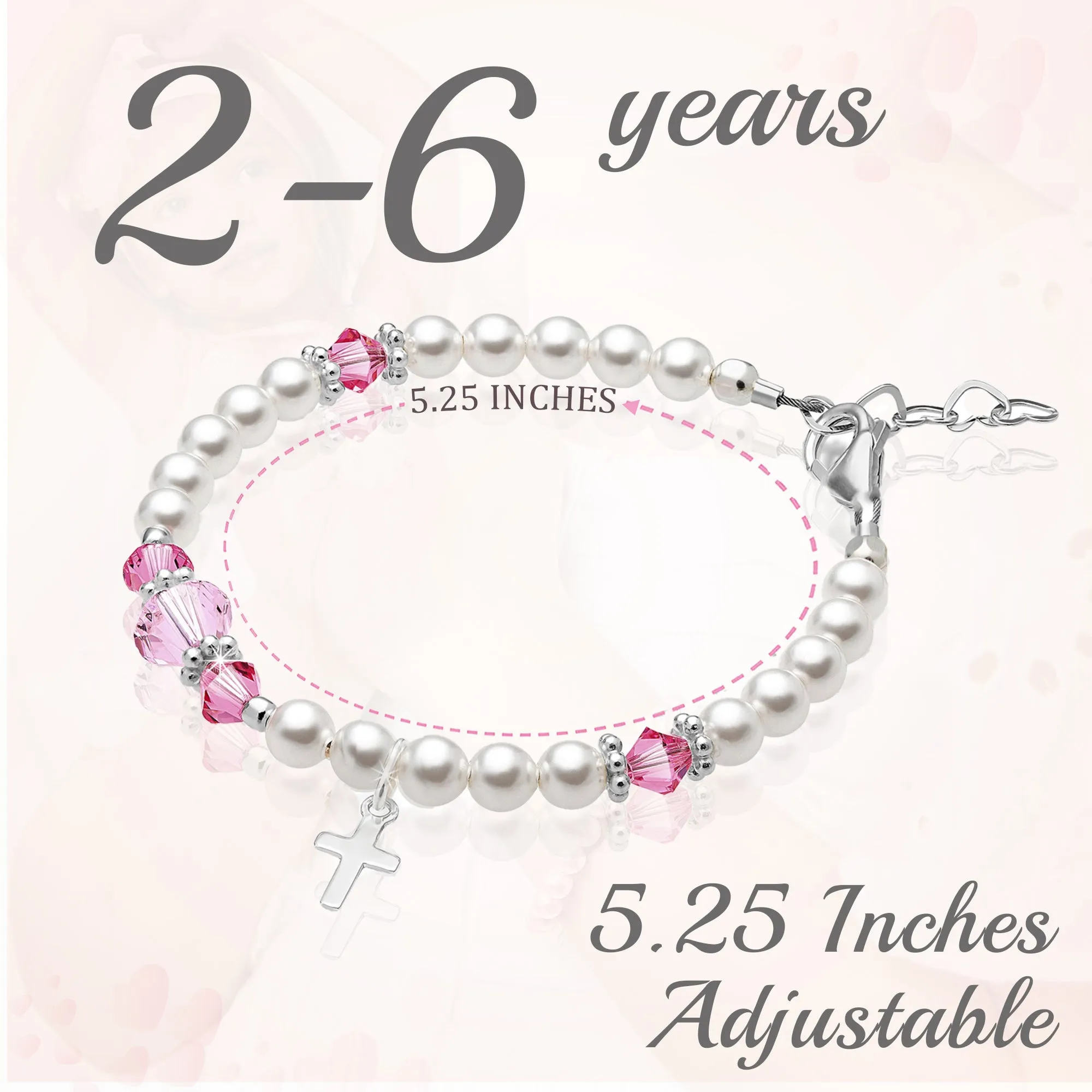 Sterling Silver Cross Baptism Bracelet for Girls - White Pearl Pink Crystals