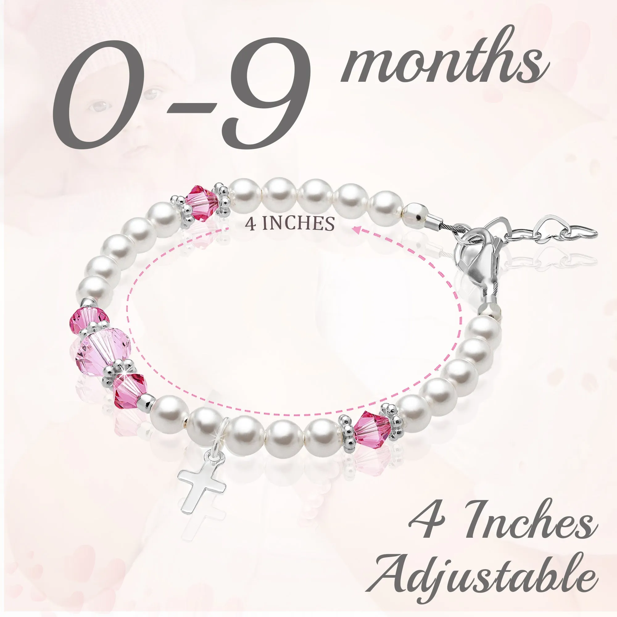 Sterling Silver Cross Baptism Bracelet for Girls - White Pearl Pink Crystals