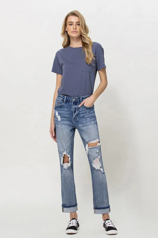 STRETCH BOYFRIEND JEANS W PAINT SPATTER DETAIL AND