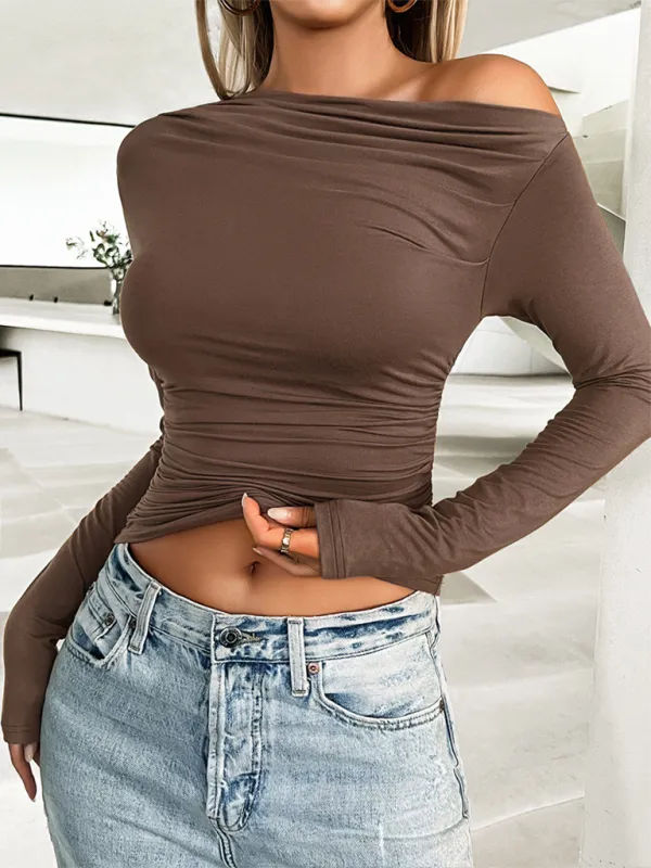 TEEK - Slim Fit Oblique One Shoulder Collar Pullover Top