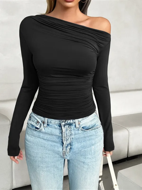 TEEK - Slim Fit Oblique One Shoulder Collar Pullover Top