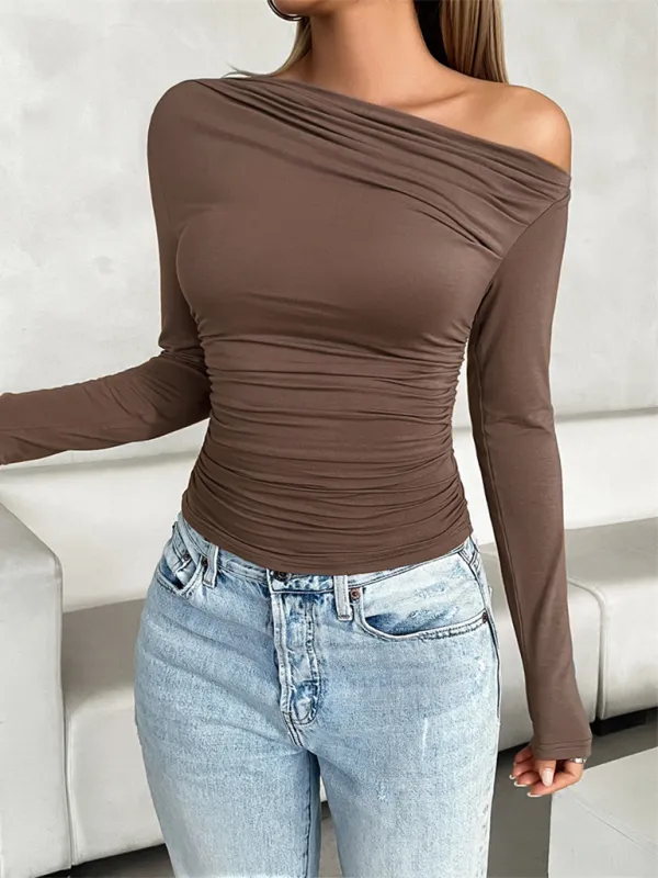 TEEK - Slim Fit Oblique One Shoulder Collar Pullover Top