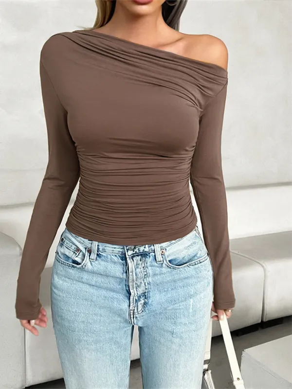 TEEK - Slim Fit Oblique One Shoulder Collar Pullover Top