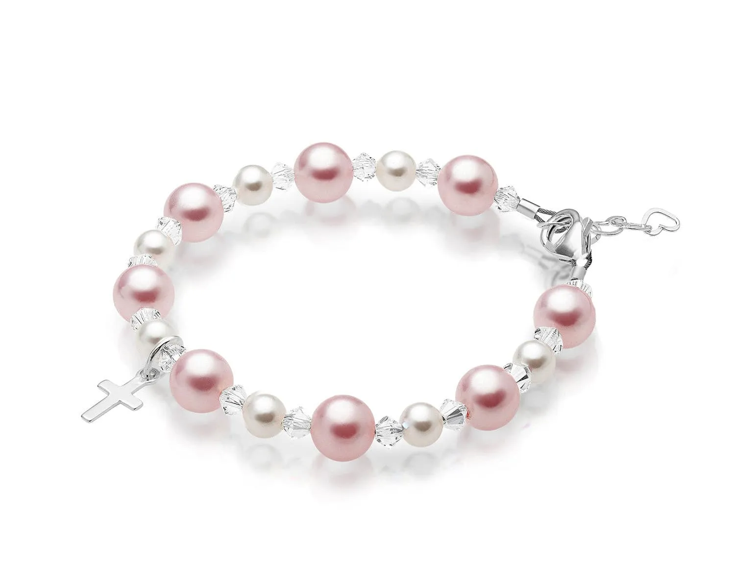 Teen Girl Baptism Bracelet Sterling Silver Cross Pink & White Pearl Clear Crystals