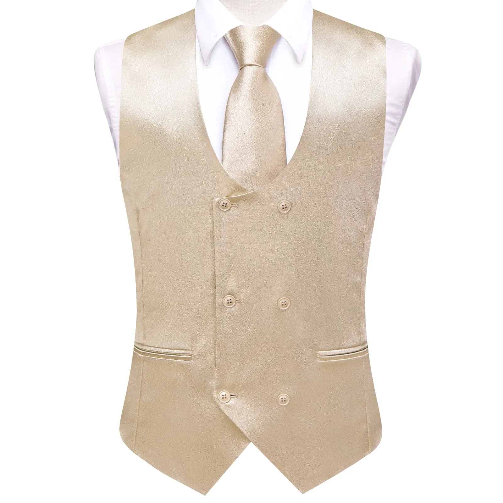 Ties2you Double Breasted Vest Beige Solid Mens Silk Vest Tie Bowtie Set 5PC