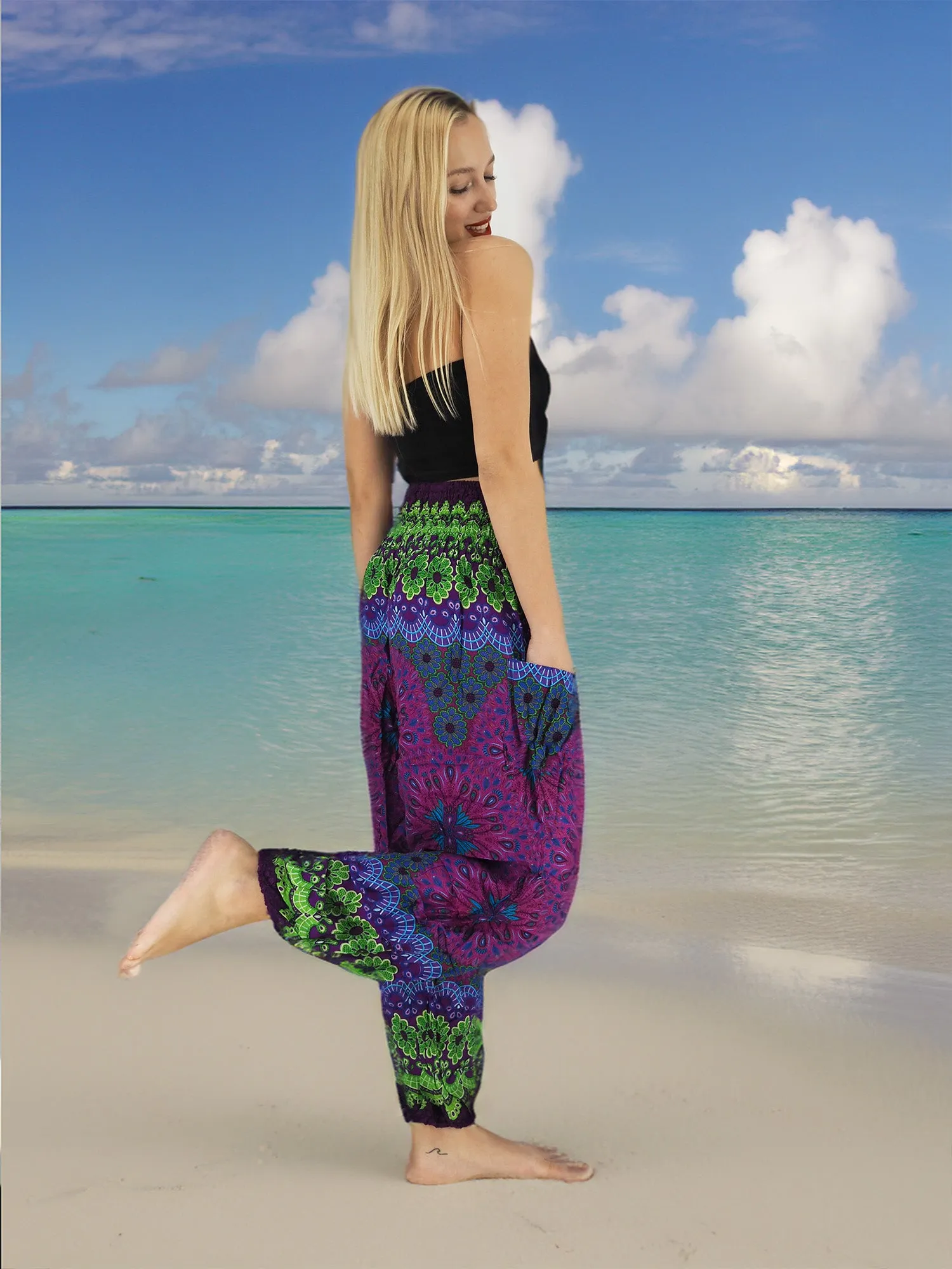 Unisex Harem Yoga Hippie Boho Pants in Purple With Green Print XL