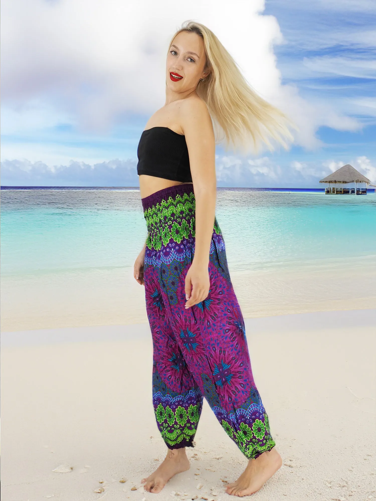 Unisex Harem Yoga Hippie Boho Pants in Purple With Green Print XL