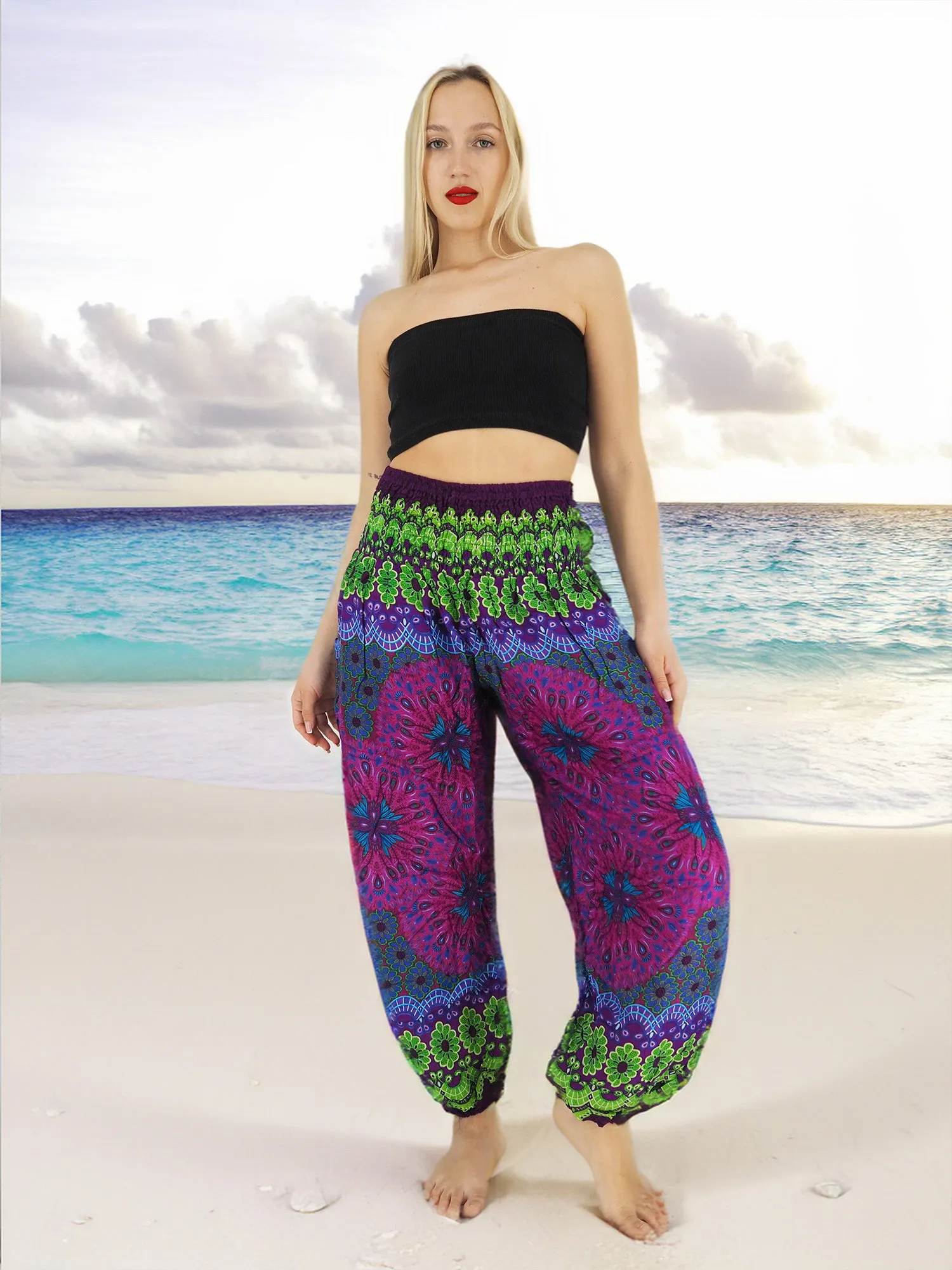 Unisex Harem Yoga Hippie Boho Pants in Purple With Green Print XL