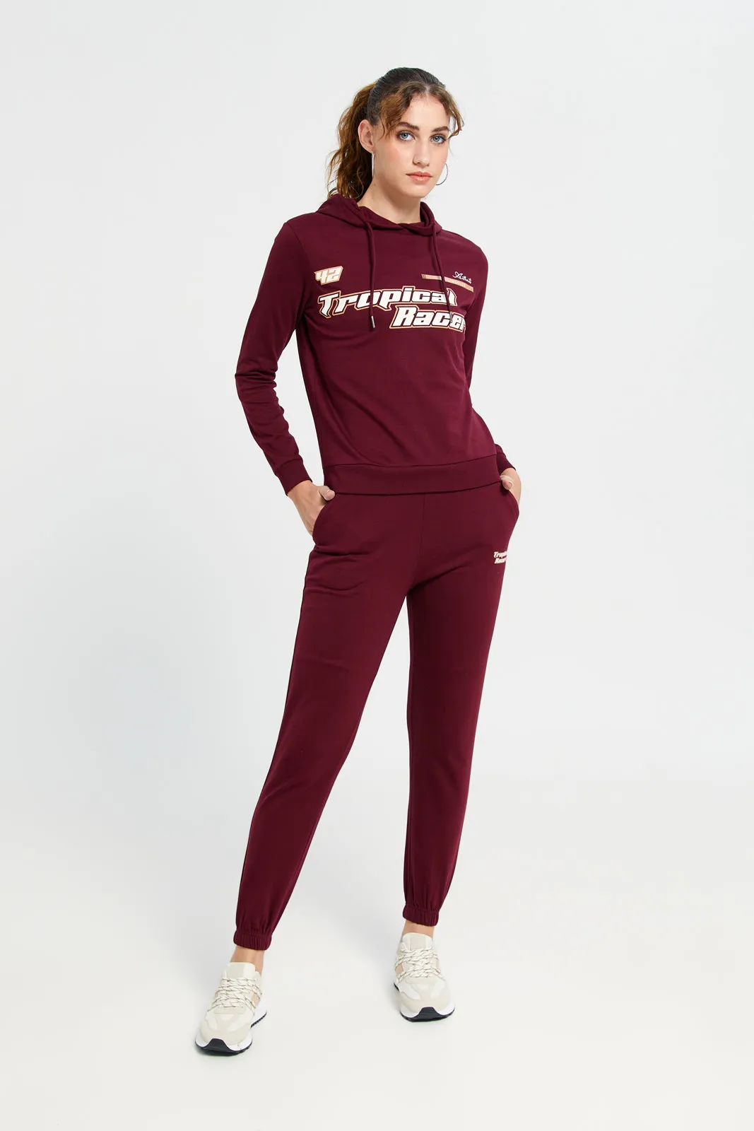 Women Burgundy Printed Jogger Pants