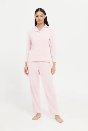 Women Pink Waffle Plain Pajama Set (2 Piece)