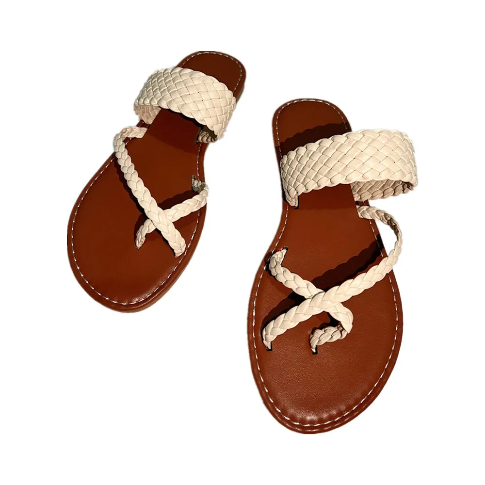 Women's Flat Slide Weave Detail Thong Braided Vamp Beach Slippers