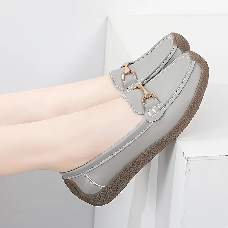 Women's Solid Color Faux Leather Slip-on Metal Decor Flat Shoes